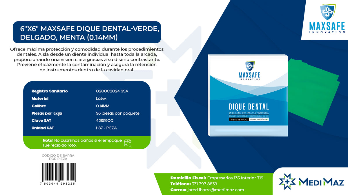 6x6 MAXSAFE Dique dental-Verde, Delgado, Menta