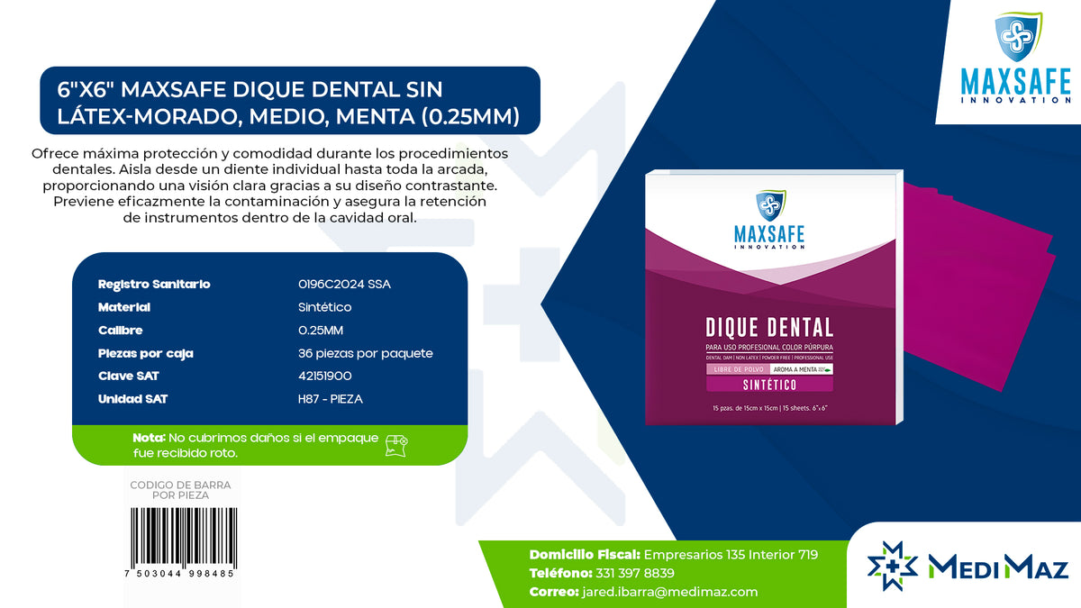 6x6 MAXSAFE Dique dental sin latex - Morado, Medio, Menta