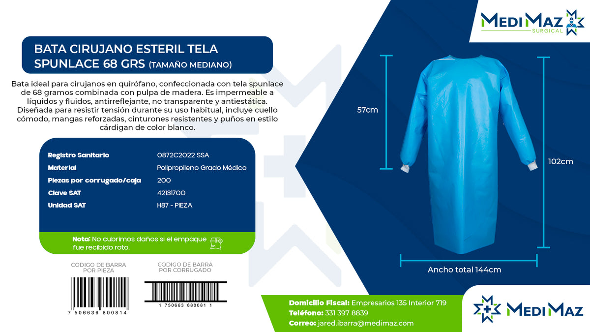 BATA CIRUJANO ESTERIL TELA SPUNLACE 68 GRS