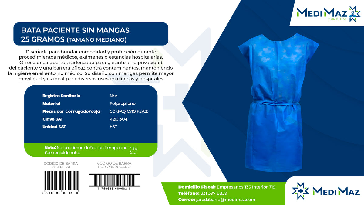 Bata Paciente SIN Mangas 25 Gramos
