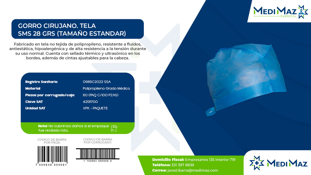GORRO CIRUJANO TELA SMS 28 GRS