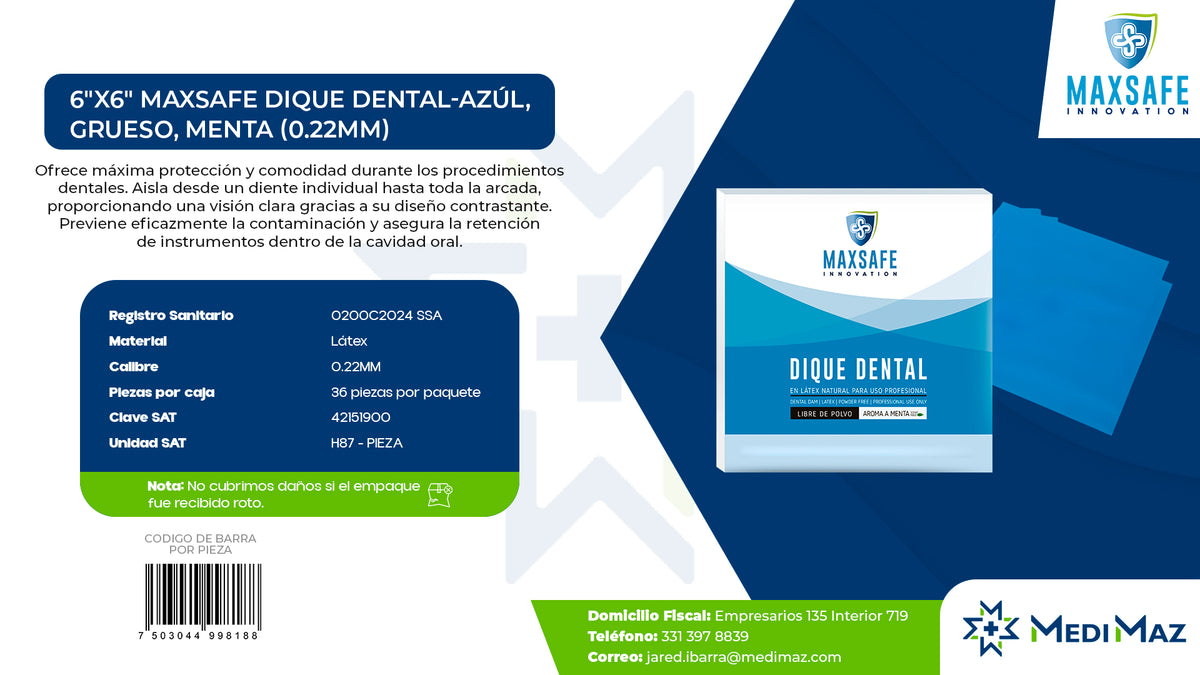 6x6 MAXSAFE Dique dental-Azúl, Grueso, Menta