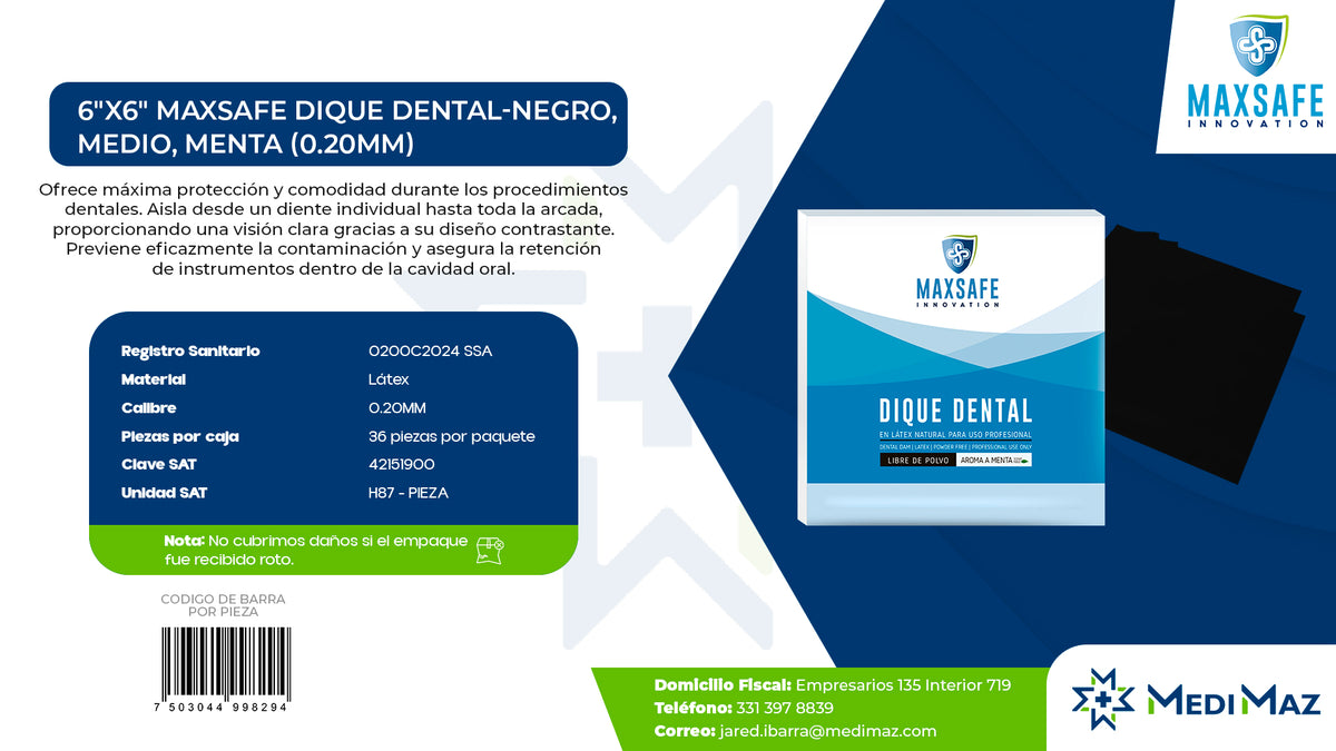 6x6 MAXSAFE Dique dental-Negro, Medio, Menta