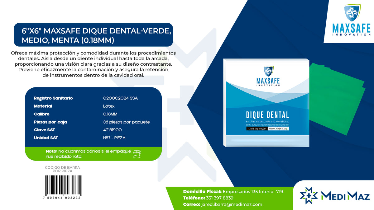 6x6 MAXSAFE Dique dental-Verde, Medio, Menta