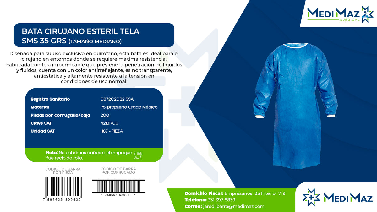BATA CIRUJANO ESTERIL TELA SMS 35 GRS