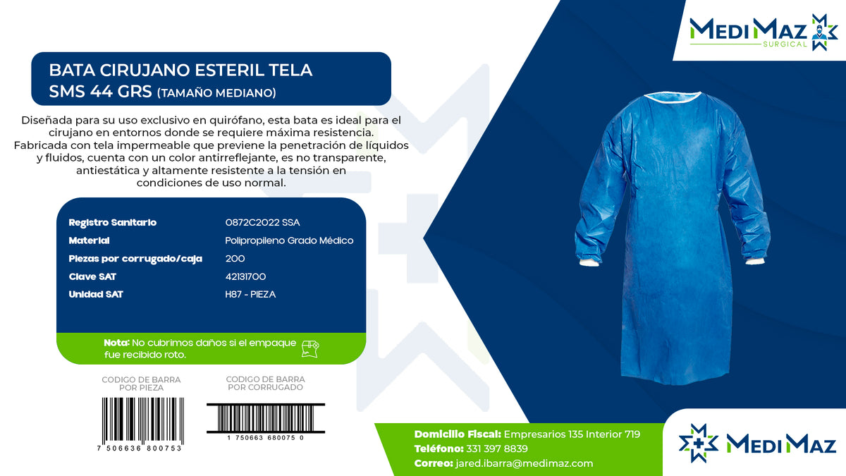 BATA CIRUJANO ESTERIL TELA SMS 44 GRS