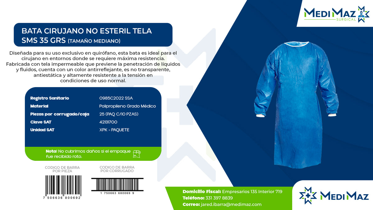 BATA CIRUJANO NO ESTERIL TELA SMS 35 GRS