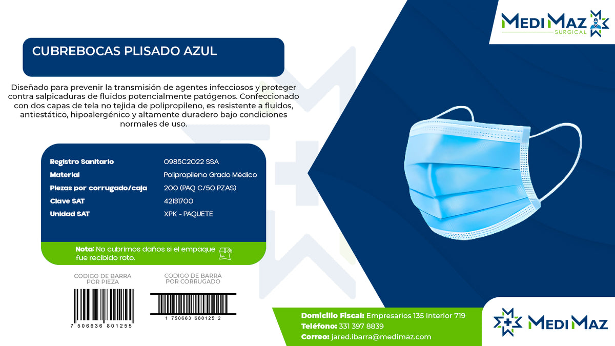 CUBREBOCAS PLISADO AZUL