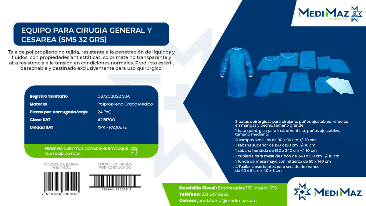 EQUIPO PARA CIRUGIA GENERAL Y CESAREA (SMS 32 GRS)