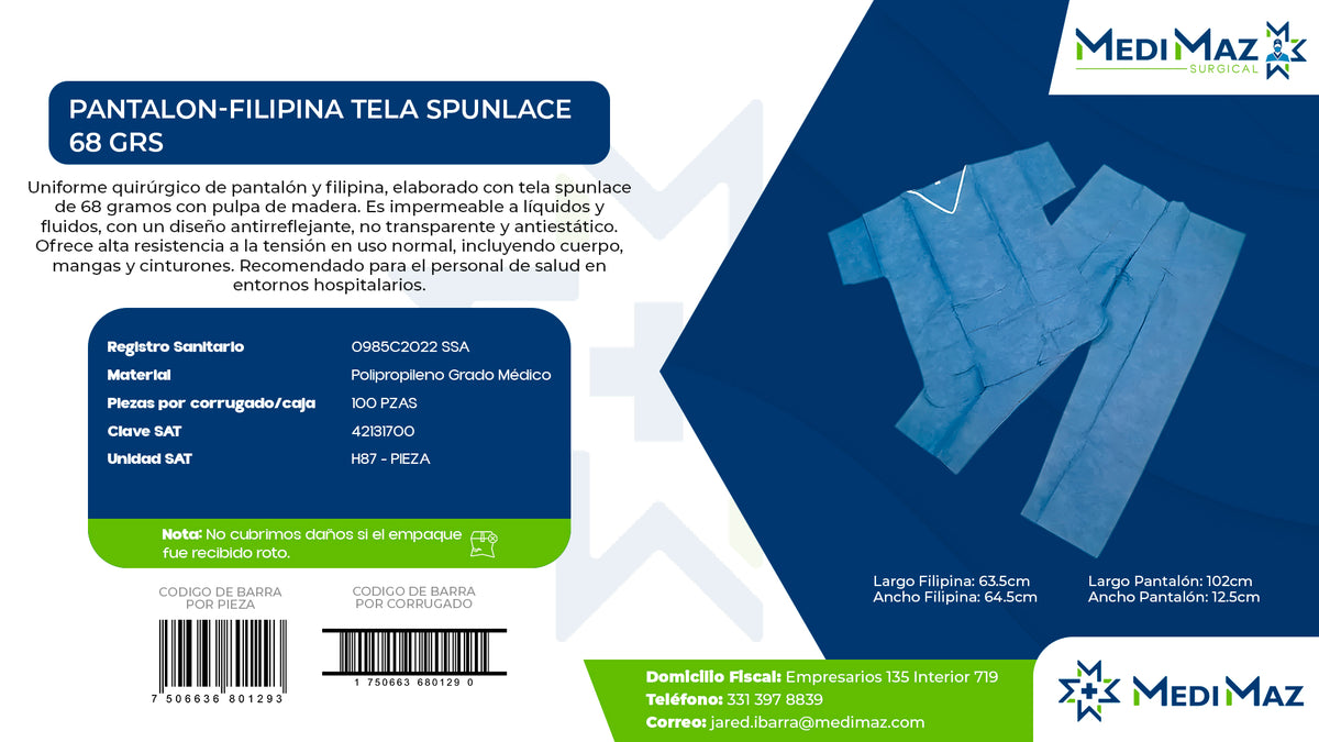 PANTALON-FILIPINA TELA SPUNLACE 68 GRS