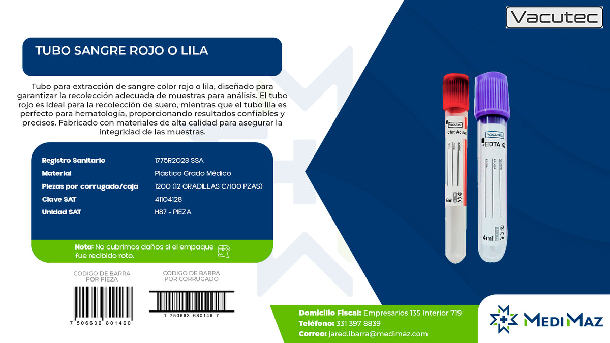Tubo Sangre Rojo o Lila