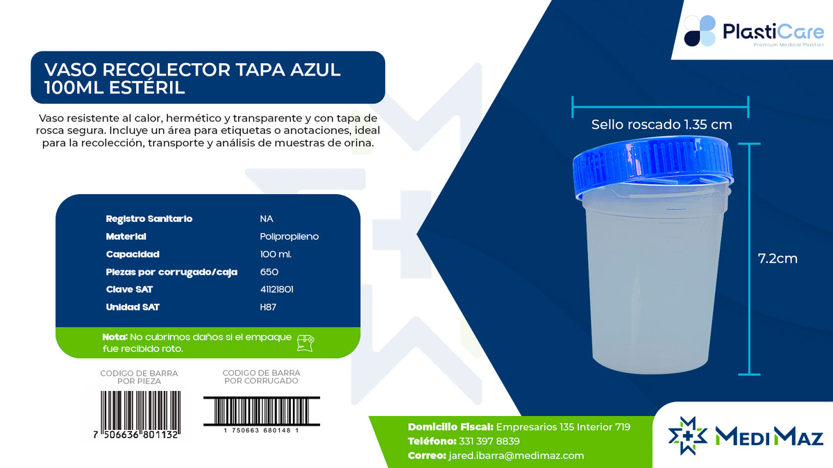 Vaso Recolector 100 ml Estéril — Tapa Azul