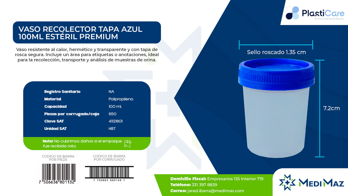 Vaso Recolector 100 ml Estéril Premium — Tapa Azul