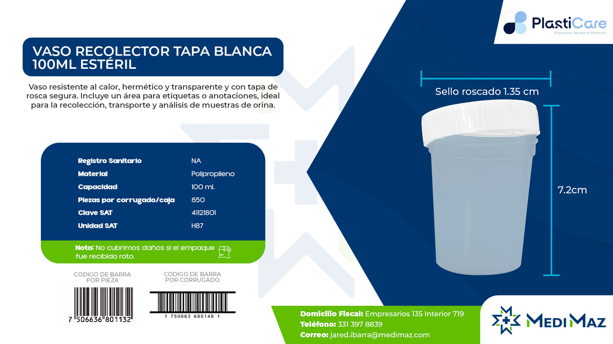 Vaso Recolector 100 ml Estéril — Tapa Blanca