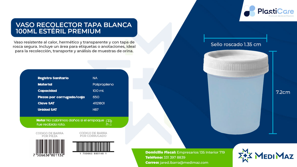 Vaso Recolector 100 ml Estéril Premium — Tapa Blanca