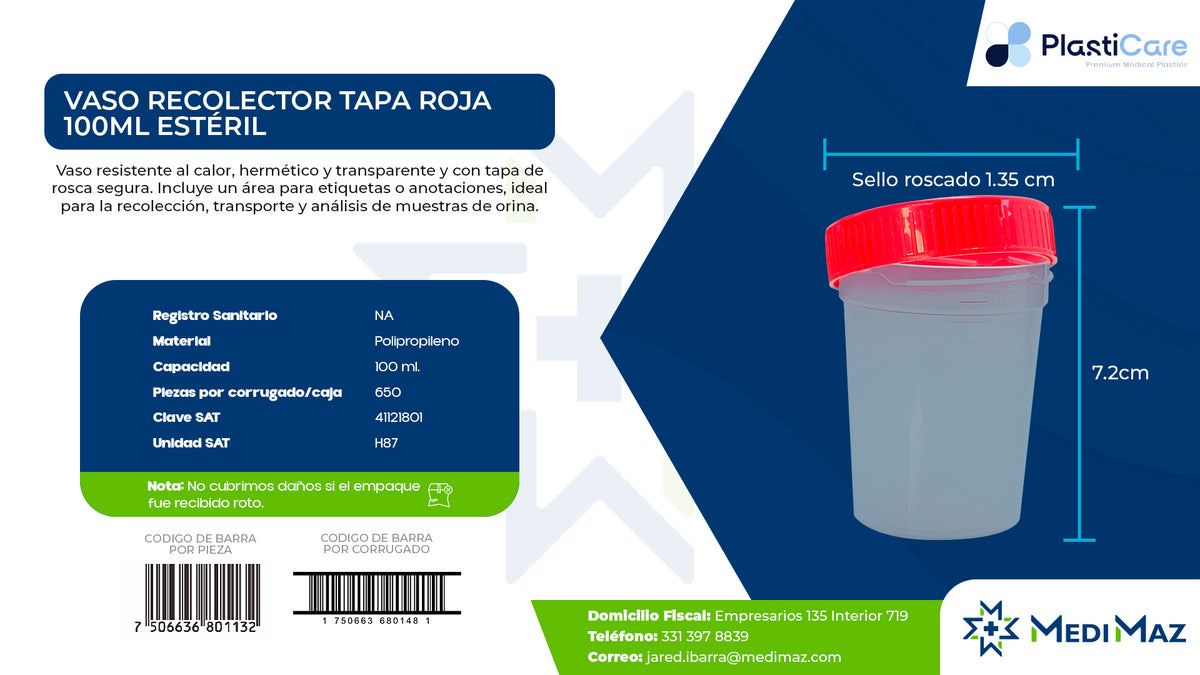 Vaso Recolector 100 ml Estéril — Tapa Roja