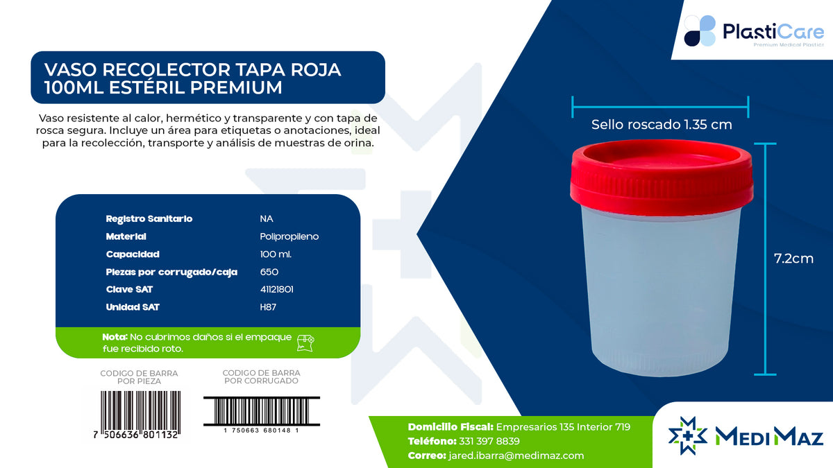 Vaso Recolector 100 ml Estéril Premium — Tapa Roja