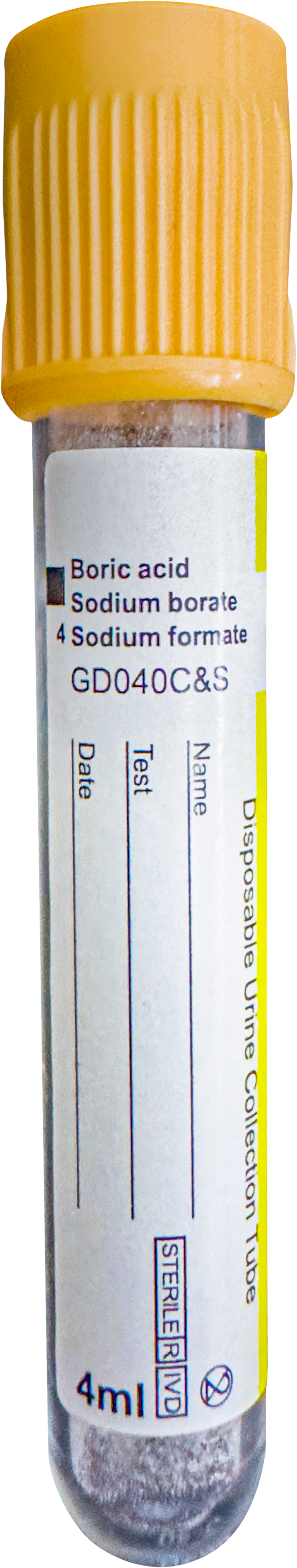 Tubo cónico de orina 4 ml con ácido bórico para urocultivo, referencia GD040C&S
