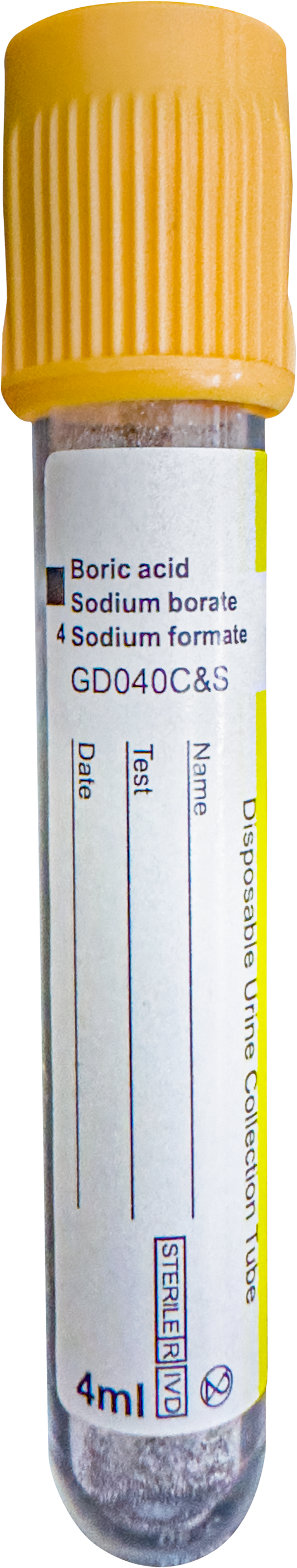 Tubo cónico de orina 4 ml con ácido bórico para urocultivo, referencia GD040C&S