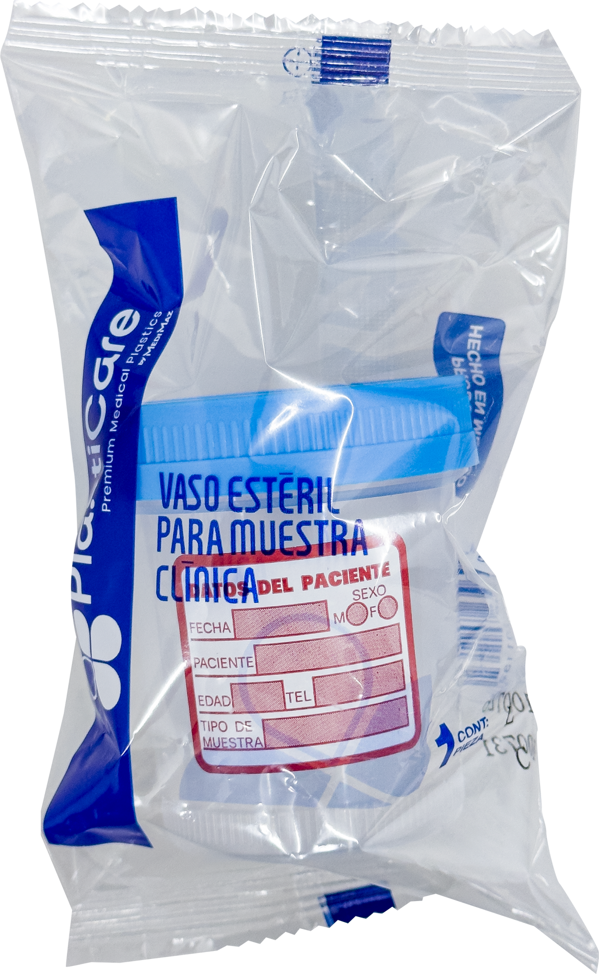 Vaso estéril premium tapa azul con etiqueta de datos del paciente