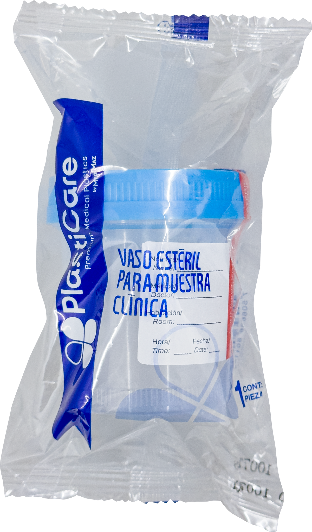Vaso estéril premium tapa azul con sello de identificación