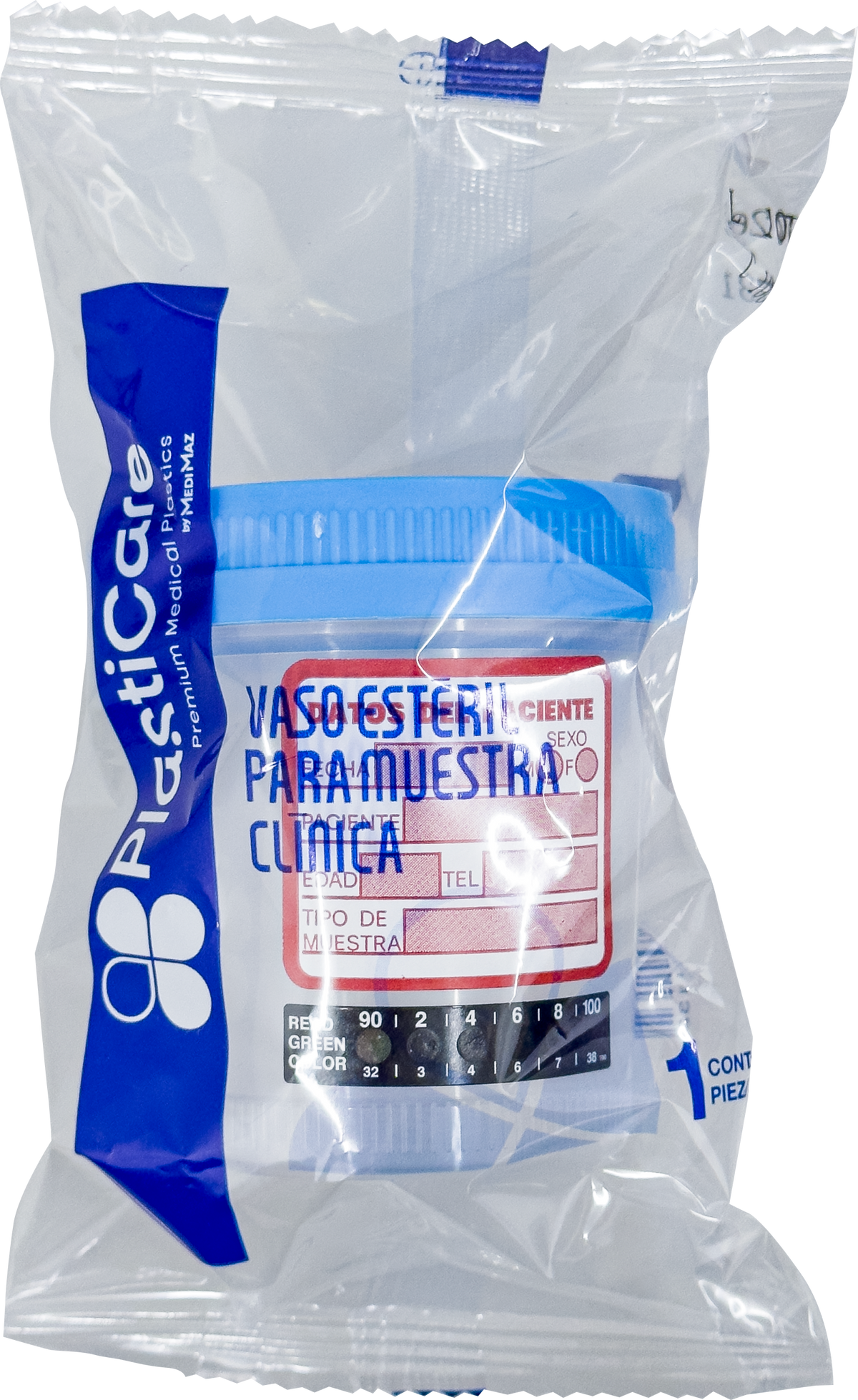 Vaso estéril premium tapa azul con datos y tira termométrica