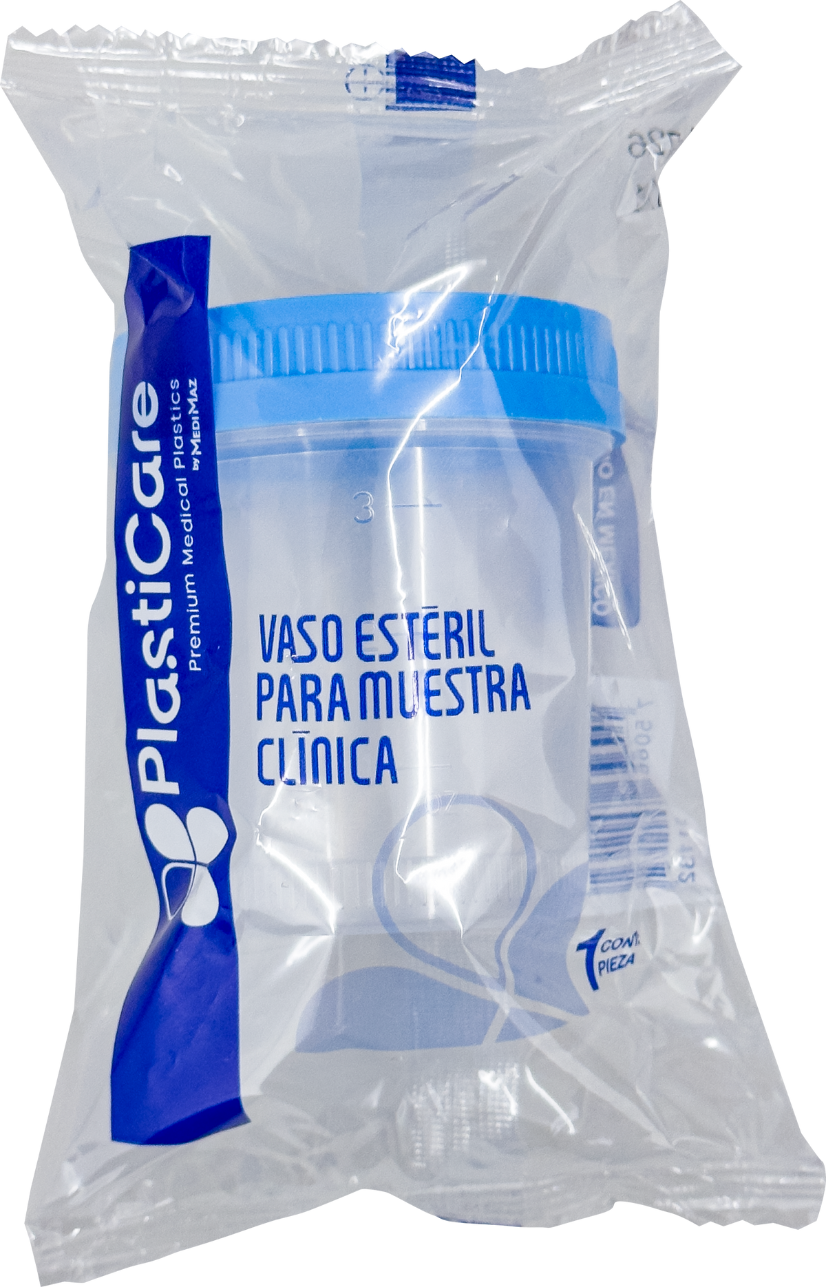Vaso estéril premium tapa azul, empaque individual, sin etiqueta