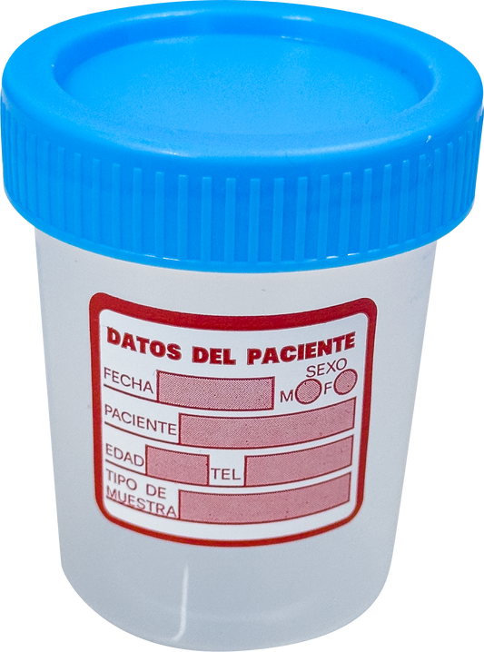 Vaso estéril tapa azul sin empaque, etiqueta de datos del paciente