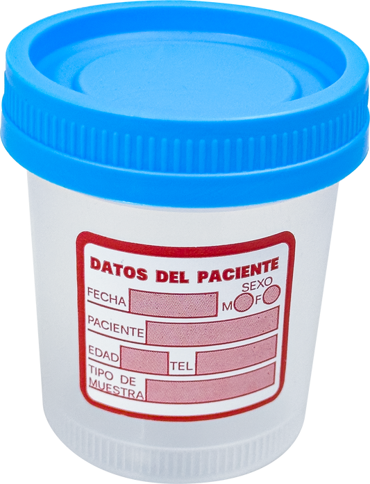 Vaso estéril premium tapa azul sin empaque, etiqueta de datos