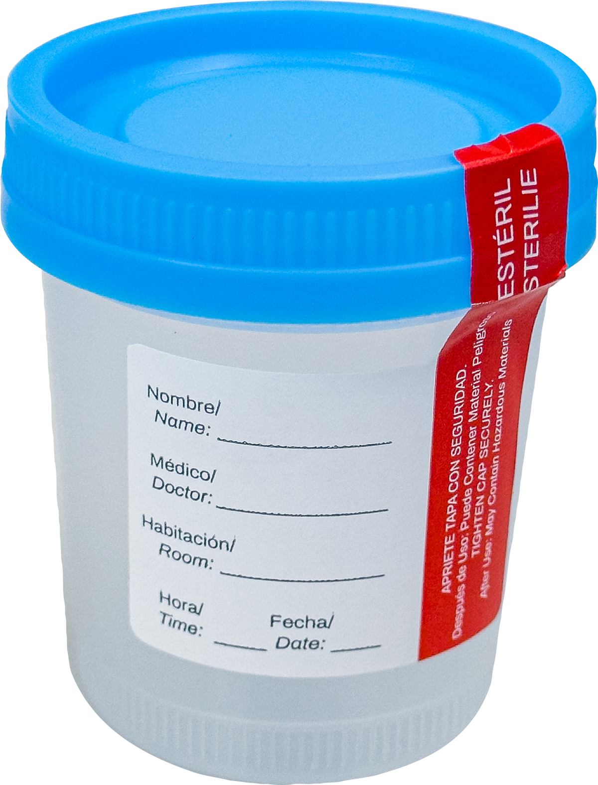 Vaso estéril premium tapa azul sin empaque, sello de identificación