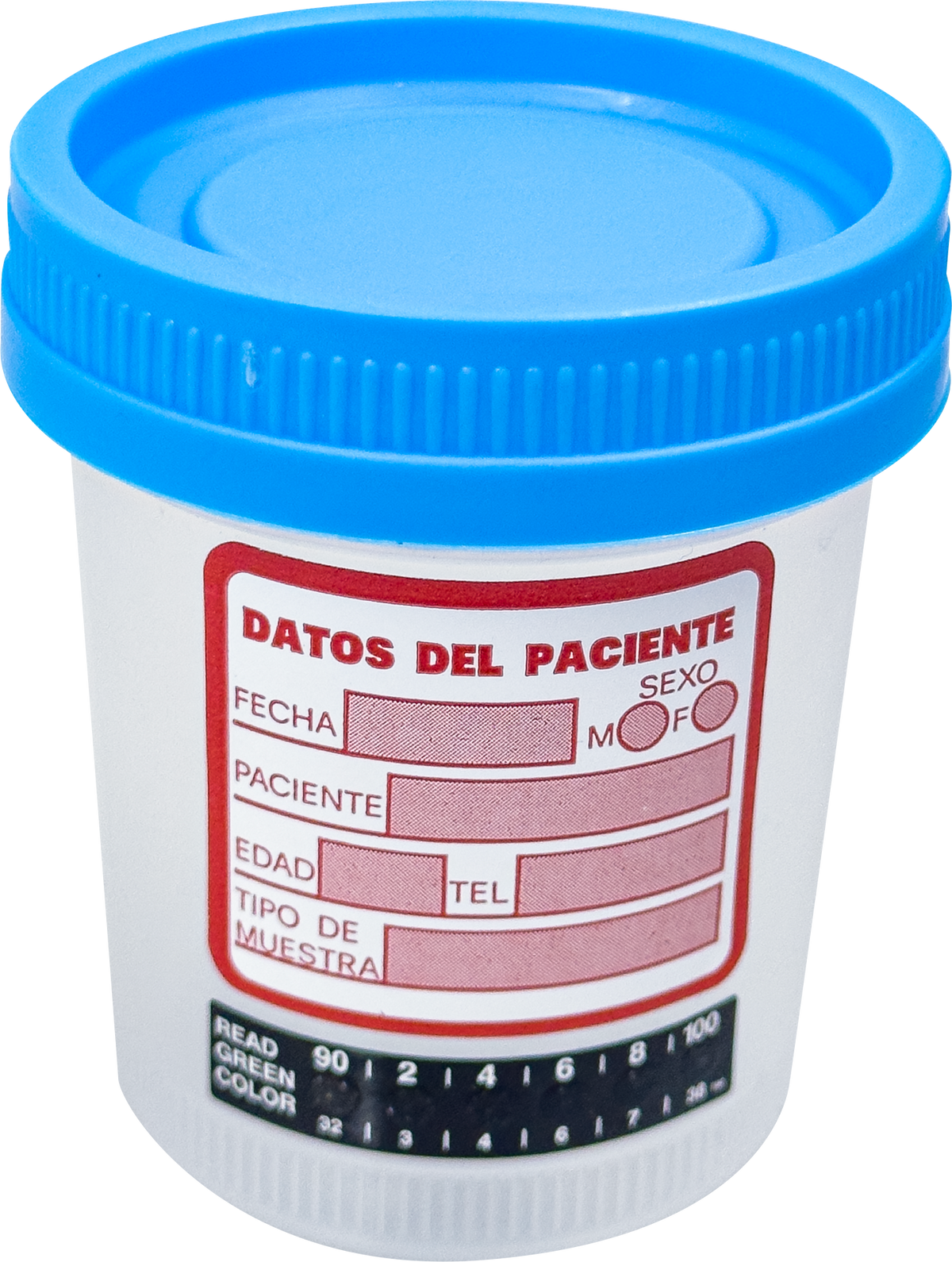 Vaso estéril premium tapa azul sin empaque, datos y tira termométrica